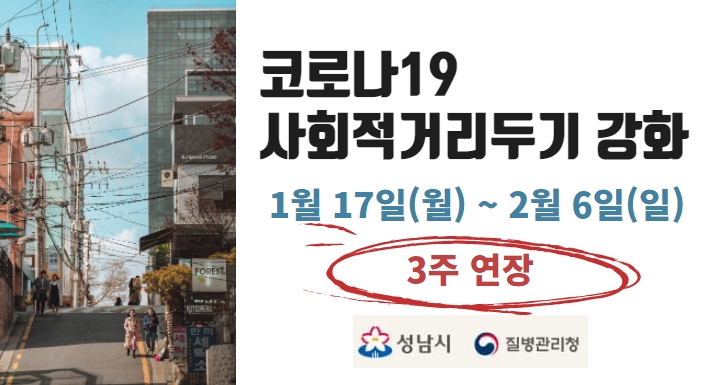 코로나-19 사회적거리두기 강화 발표 1월 17일(월) ~ 2월 6일(일) 3주 연장!